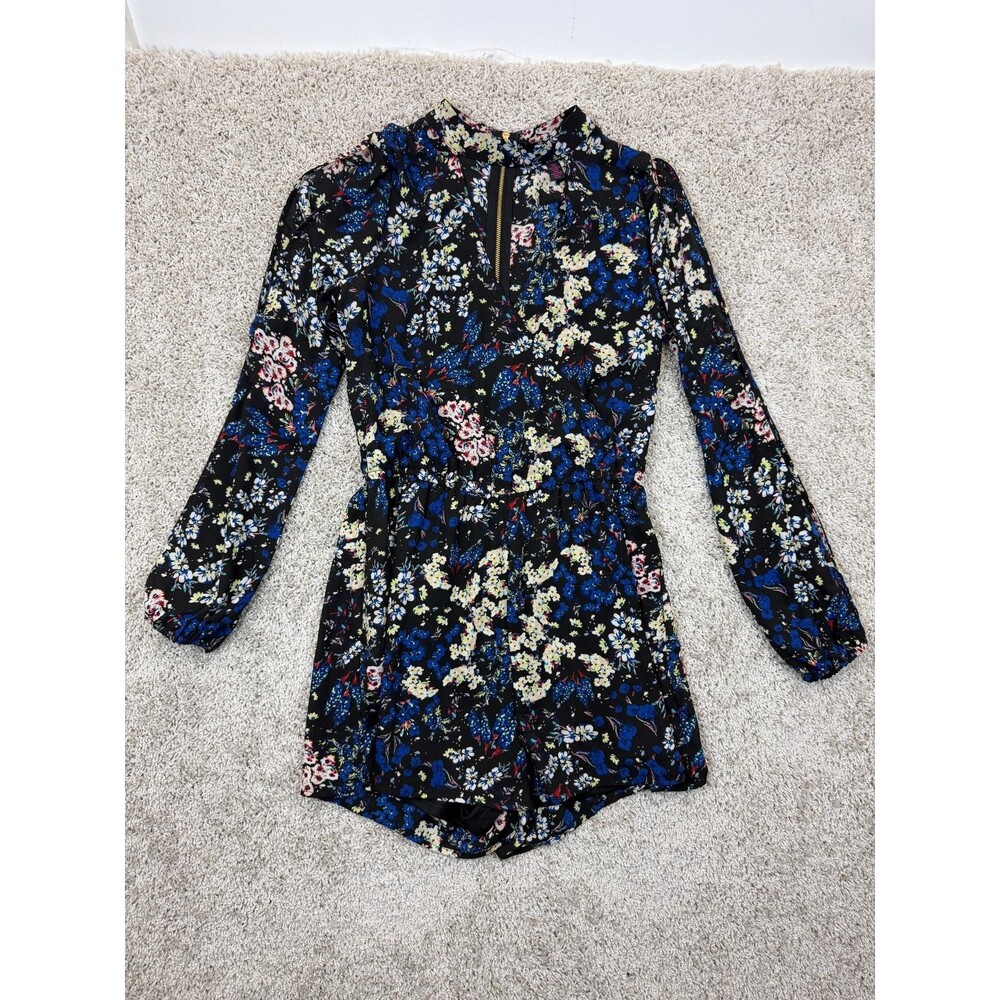 Material Girl Womens M Black Blue Floral Long Sleeve High Neck Romper Zip Back